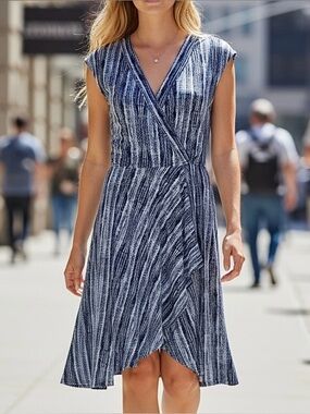 Women’s Faux Wrap Blue/White Sleeveless Dress - Size Small